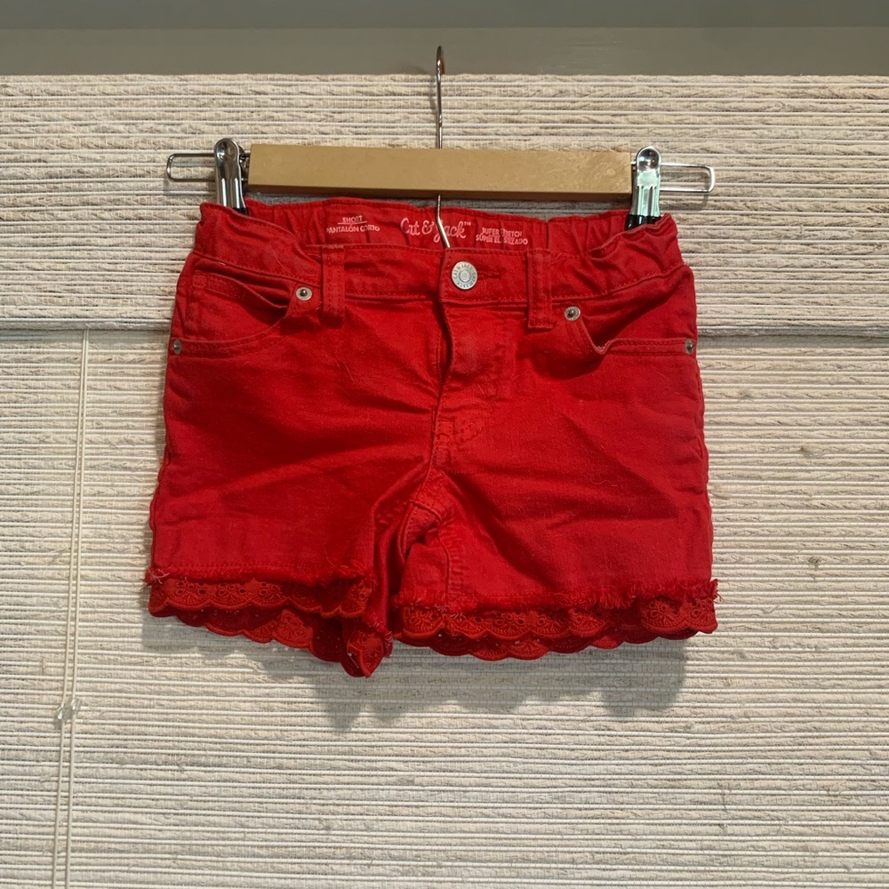 Red Girl’s Eyelet Trim Jean Shorts